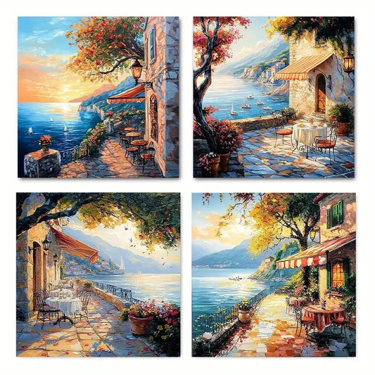 4pcs Seaside House Scenes with Sunset   Wall Art Canvas Framed