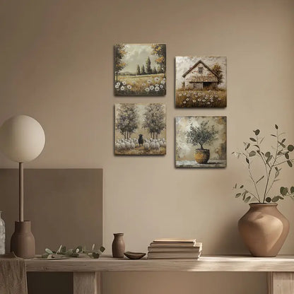 4pcs Olive Tree, Old Barn, Sheep & Sunflowers Wall Art Canvas Framed