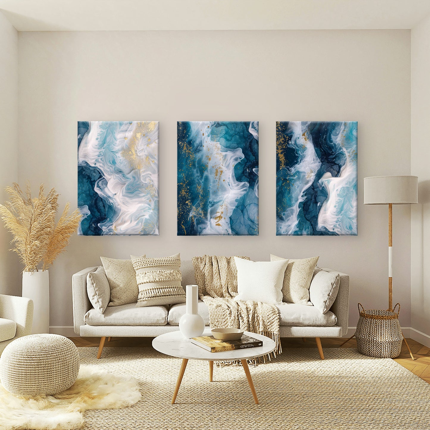 3pcs Abstract Ocean Blue Gold Ink Fluid Wall Art Set Canvas Framed 60x90cm - High Quality Print 100% Australian Made Wall Canvas Ready to Hang