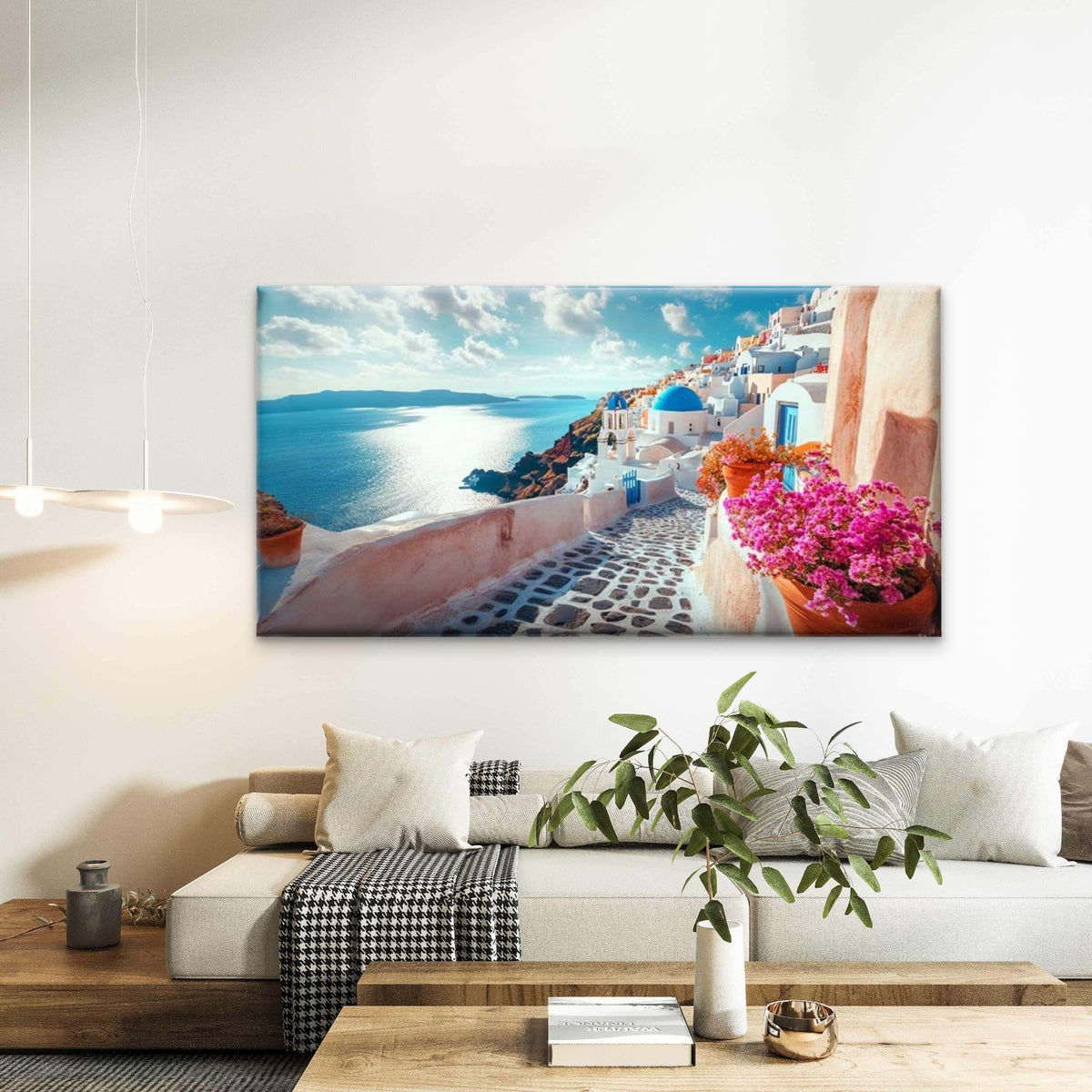 Santorini Island with Flowers Wall Art Canvas Office Home Room Framed 120x60cm