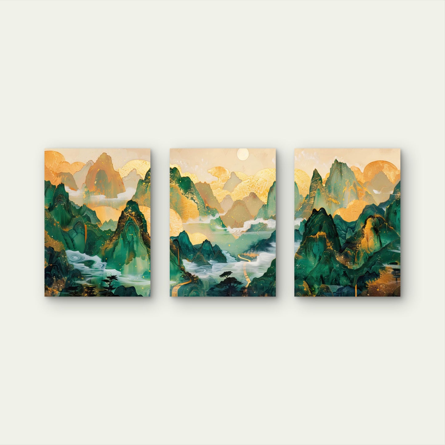 3pcs Emerald and Gold Mountain Peaks  Wall Art Set Canvas Framed 40x60cm - High Quality Print 100% Australian Made Wall Canvas Ready to Hang