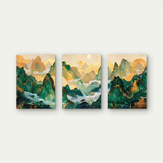 3pcs Emerald and Gold Mountain Peaks  Wall Art Set Canvas Framed 40x60cm - High Quality Print 100% Australian Made Wall Canvas Ready to Hang