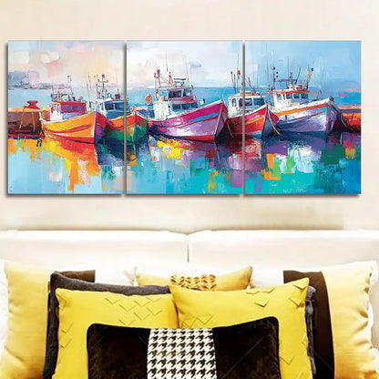 3pcs Fishing Boats Docked In Port Metal Print Ready to Hang Art