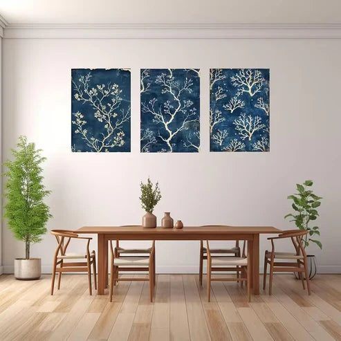 3pcs Blue And White Tree Branches Wall Art Set Canvas Framed 50x70cm - High Quality Print 100% Australian Made Wall Canvas Ready to Hang - Bella Home Decor