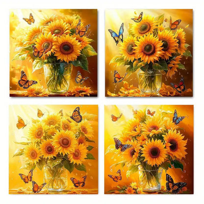 4pcs Sunflower and Butterfly Suitable  Wall Art Canvas Framed