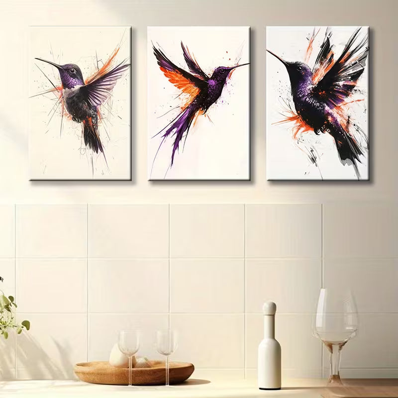 3pcs Purple and Black Hummingbird Bird Paintings Wall Art Set Canvas Framed 40x60cm - High Quality Print 100% Australian Made Wall Canvas Ready to Hang
