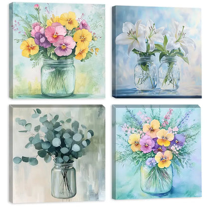 4pcs Bouquet Design  Floral Illustration  Wall Art Canvas Framed