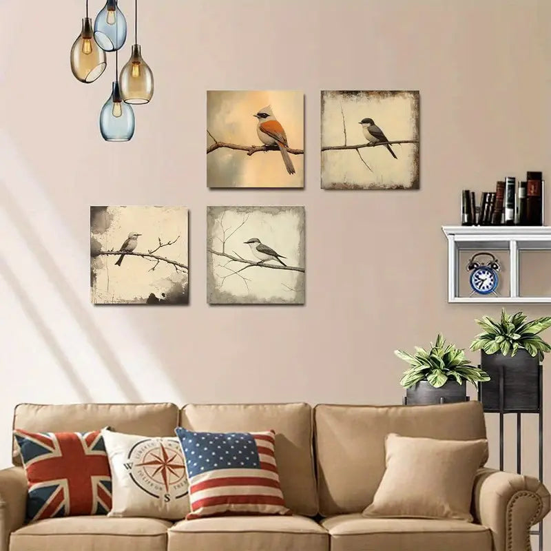 4pcs Bird On Branch Prints Wall Art Canvas Framed