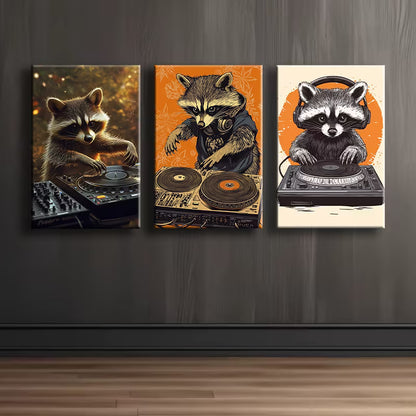 3pcs Raccoon as a DJ Funny Illustration Wall Art Set Canvas Framed 40x60cm - High Quality Print 100% Australian Made Wall Canvas Ready to Hang