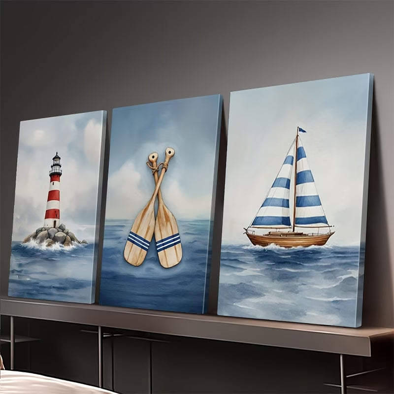 3pcs Ocean Lighthouse Sailboat Oar Maritime Wall Art Set Canvas Framed 40x60cm - High Quality Print 100% Australian Made Wall Canvas Ready to Hang