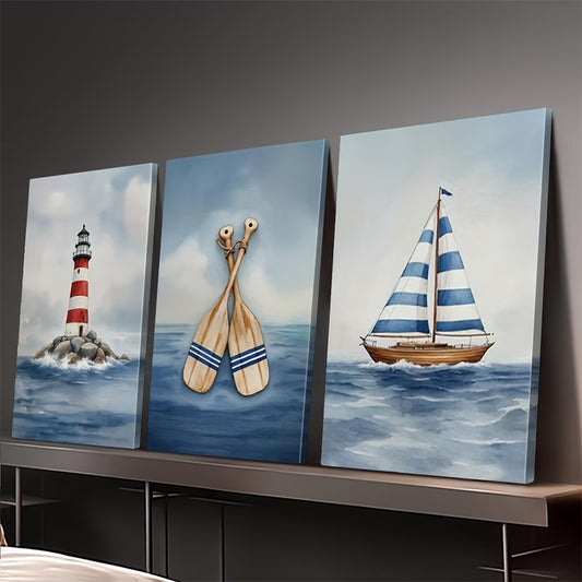 3pcs Ocean Lighthouse Sailboat Oar Maritime Wall Art Set Canvas Framed 40x60cm - High Quality Print 100% Australian Made Wall Canvas Ready to Hang