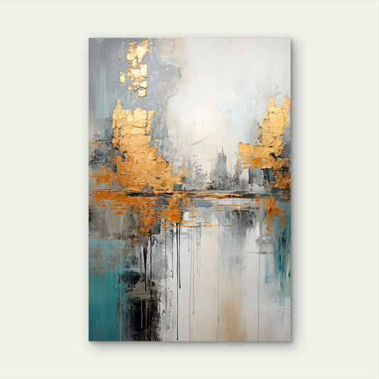 Teal Grey Gold Foil Abstract Oil Art 40x60cm Metal Print Ready to Hang