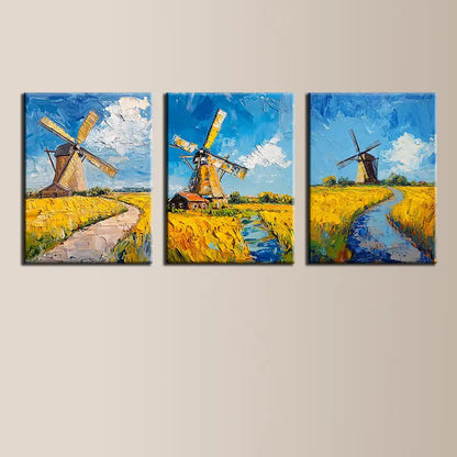 3pcs Windmill Rustic Countryside Oil Painting Metal Print Ready to Hang Art