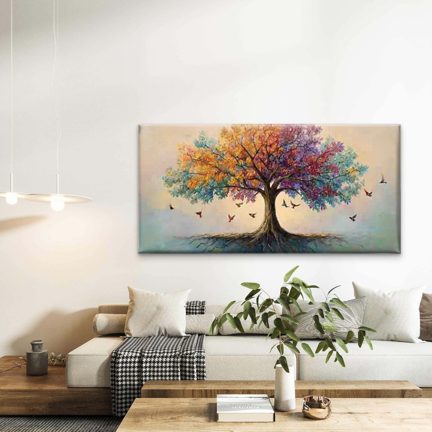 Colorful Tree And Bird Painting Wall Art Canvas Office Home Room Framed 120x60cm