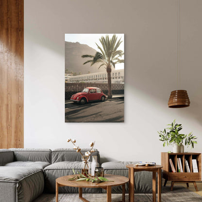 Classic Red Volkswagen Beetle Sits Beside A Tall Palm Tree 60x90cm Metal Print Ready to Hang