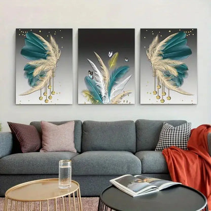 3pcs Golden Foil Feather Metal Print Ready to Hang Art - Bella Home Decor