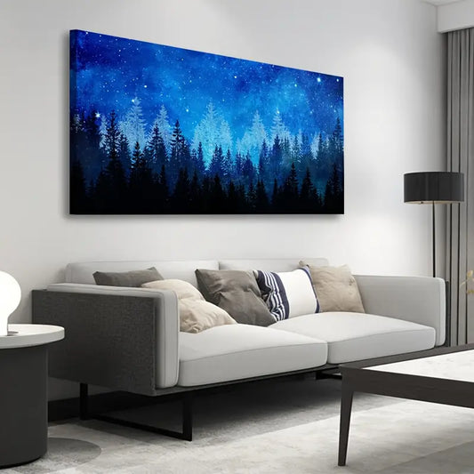 Abstract Blue Forest Night Starry Sky Wall Art canvas office home room framed 120x60cm - Bella Home Decor