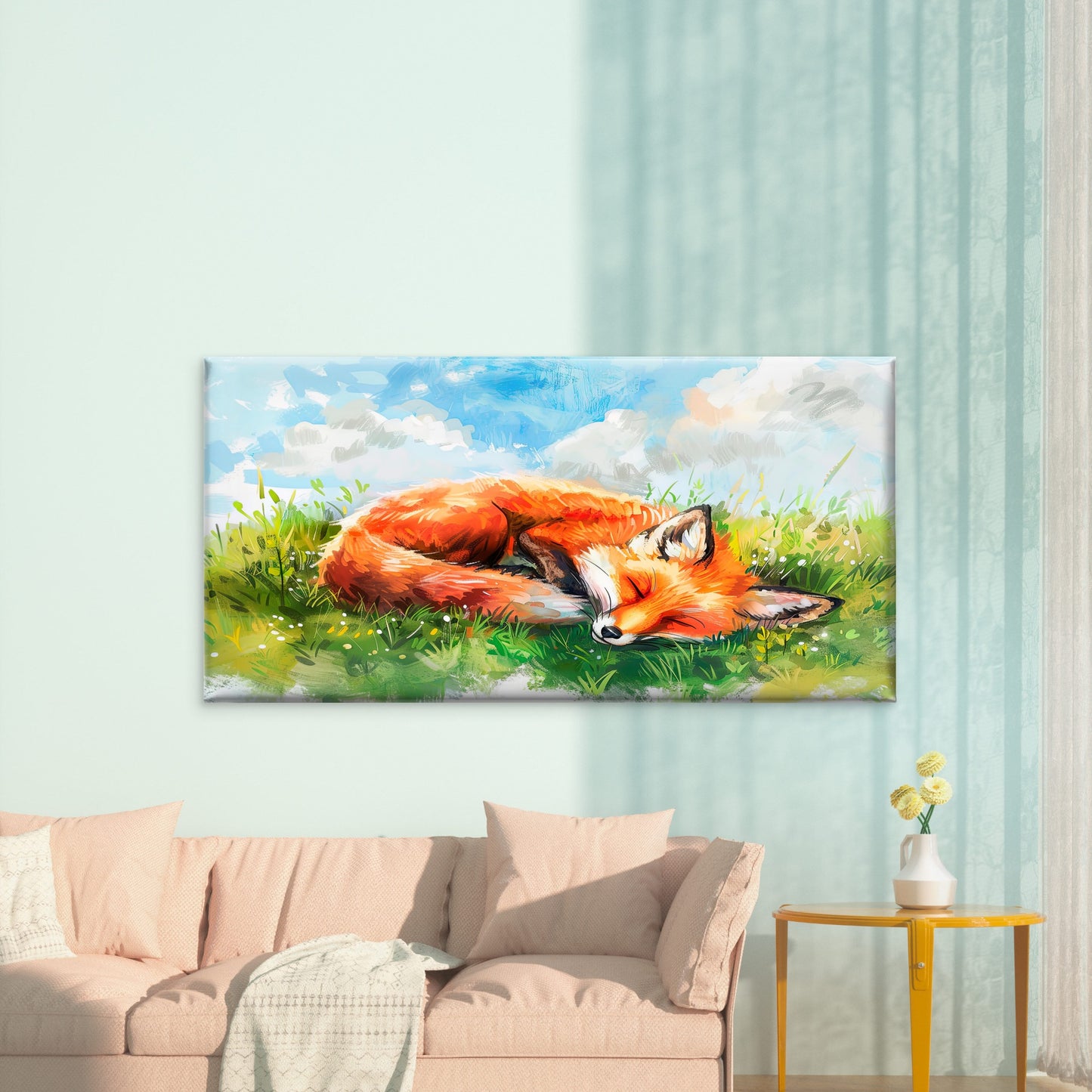 Sleeping Fox In Meadow Wall Art Canvas Office Home Room Framed 120x60cm - Bella Home Decor