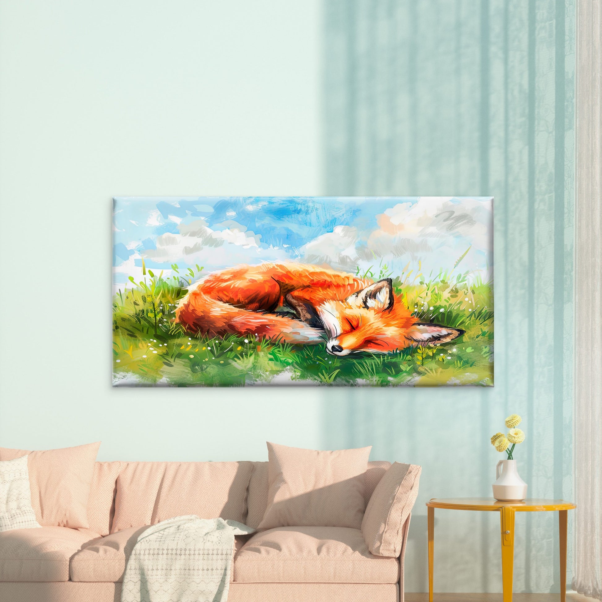 Sleeping Fox In Meadow Wall Art Canvas Office Home Room Framed 120x60cm - Bella Home Decor