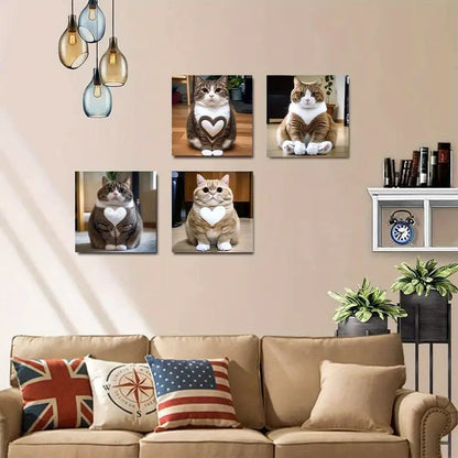 4pcs Cat Decorative with Heart Design Wall Art Canvas Framed