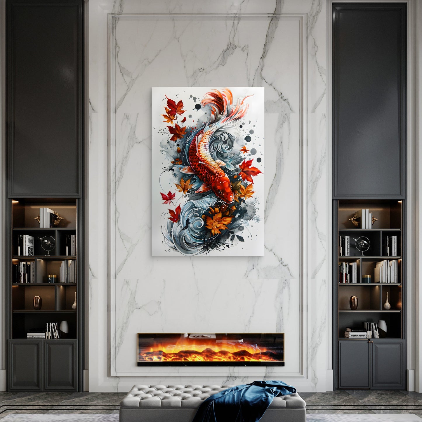 Koi Fish Painting With Flowing Water Leafy Plants 60x90cm Metal Print Ready to Hang