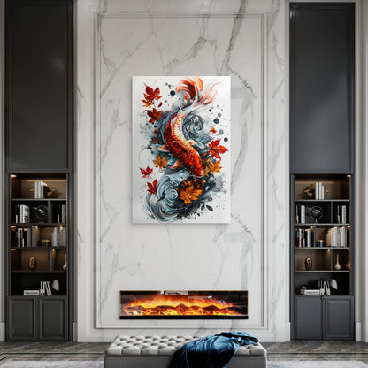 Koi Fish Painting With Flowing Water Leafy Plants 60x90cm Metal Print Ready to Hang