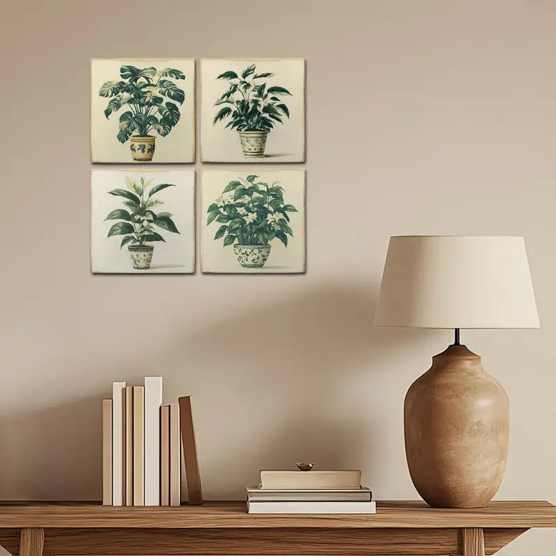 4pcs  Vase With Green Leave Plants Wall Art Canvas Framed