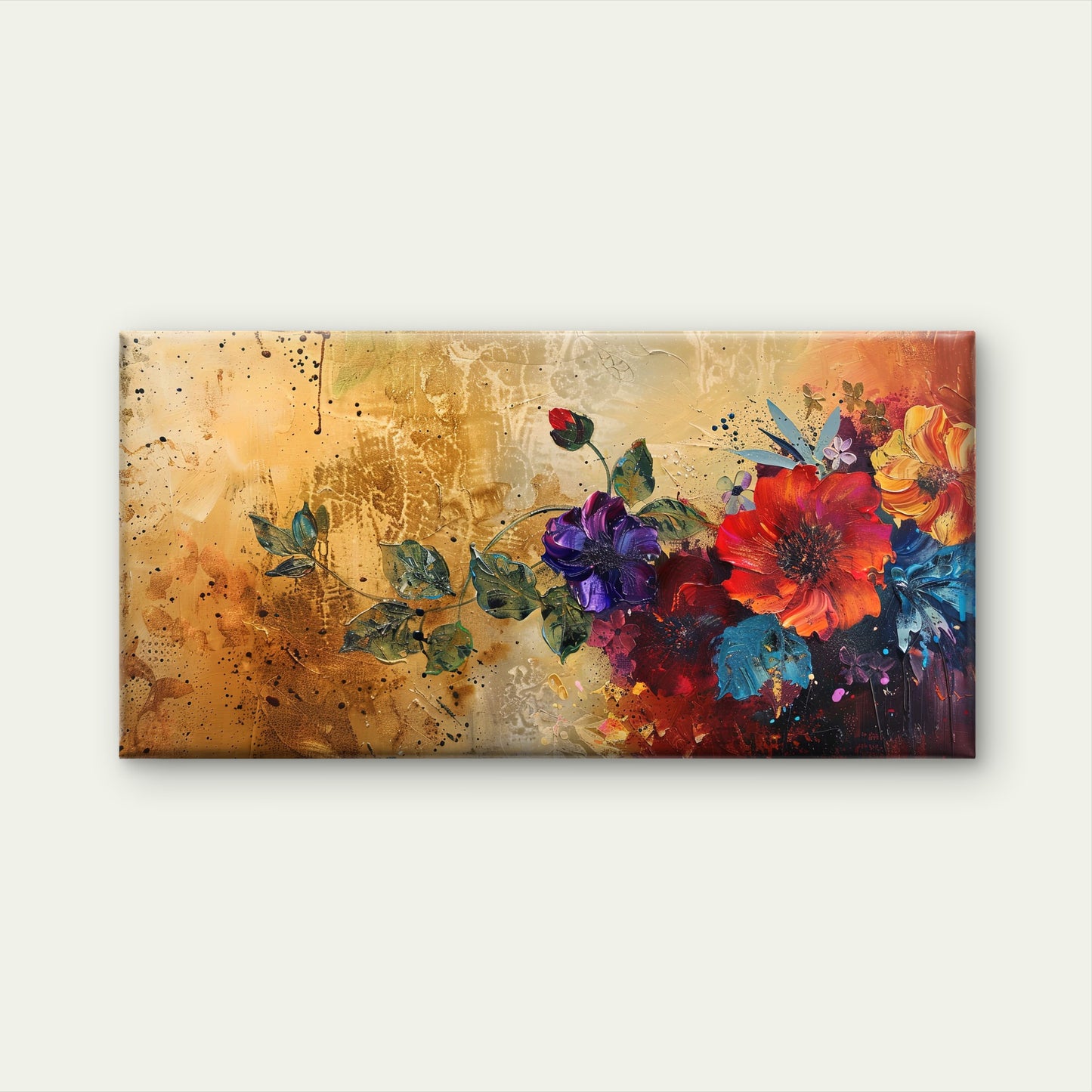 Red Floral Gold Painting Wall Art Canvas Office Home Room Framed 120x60cm