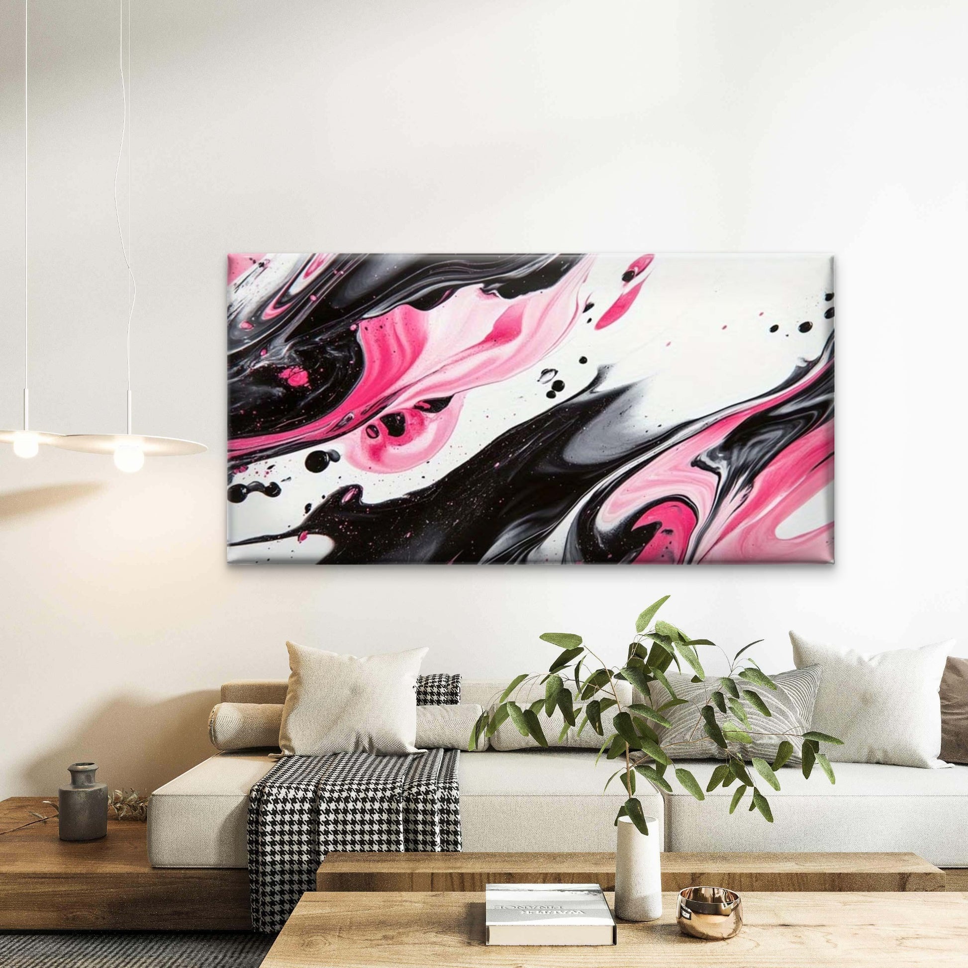 Abstract Pink Black White Fluid Wall Art Canvas Office Home Room Framed 120x60cm - Bella Home Decor