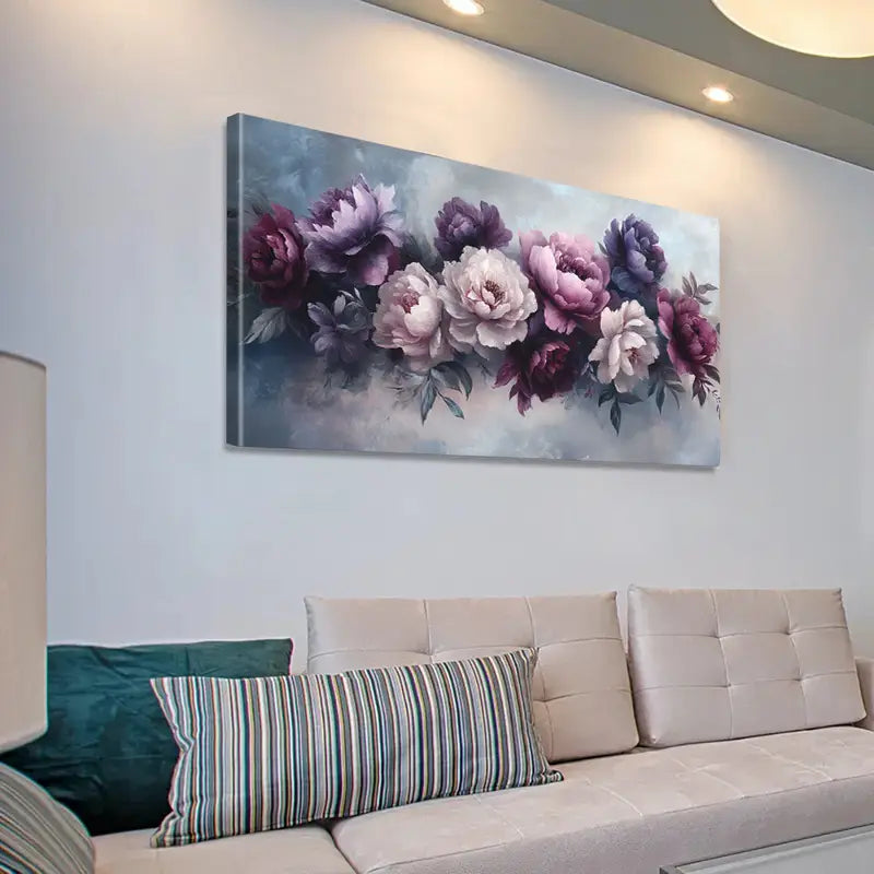 Purple & White Flower wall canvas office home room framed 120x60cm - Bella Home Decor