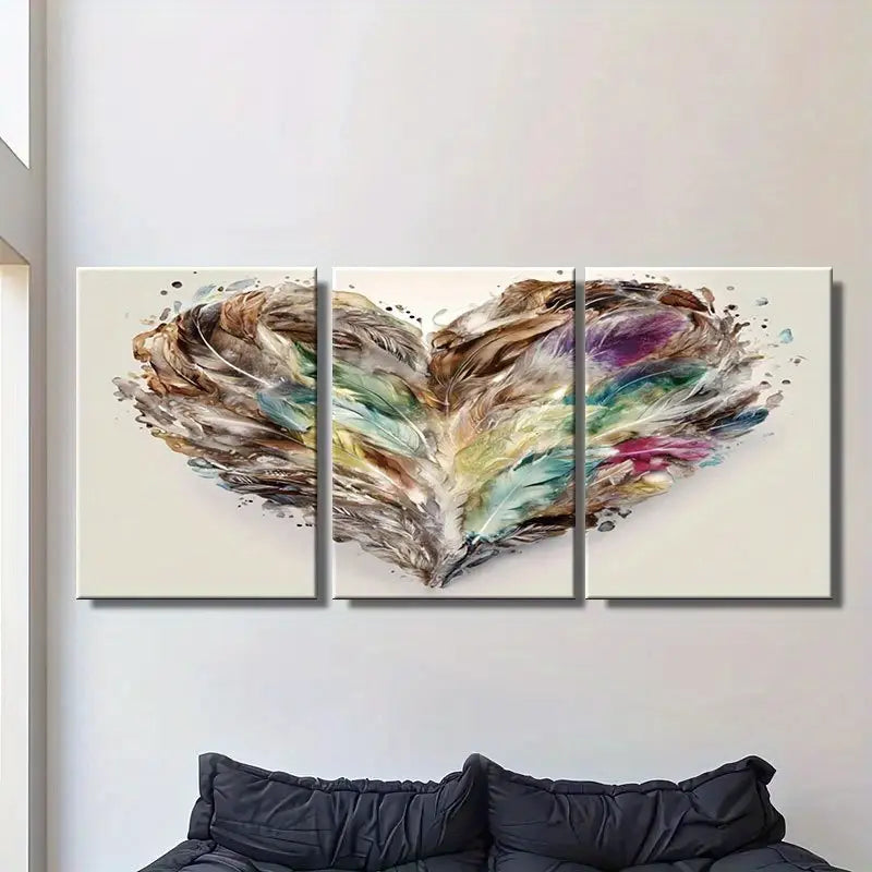 3pcs Elegant Feather Heart Painting in Beige,Brown,Metal Print Ready to Hang Art