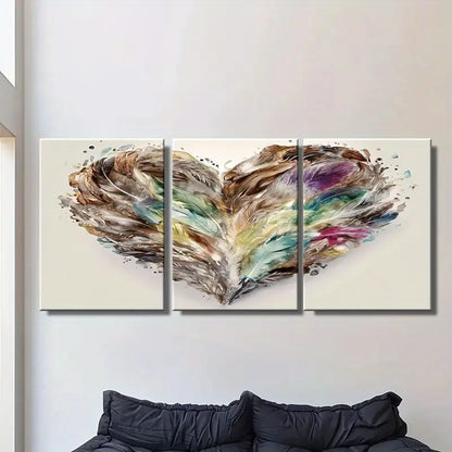 3pcs Elegant Feather Heart Painting in Beige,Brown,Metal Print Ready to Hang Art