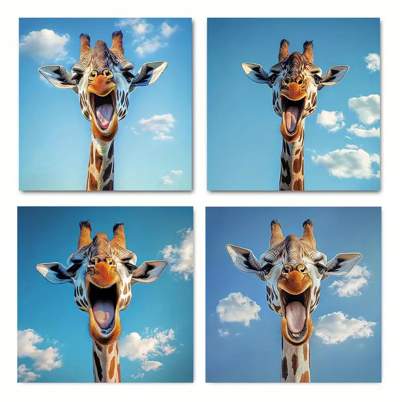 4pcs Fun Giraffe Vibrant Blue Sky & Clouds Wall Art Canvas Framed - Bella Home Decor