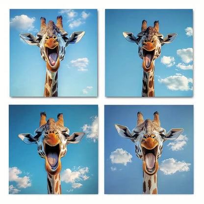 4pcs Fun Giraffe Vibrant Blue Sky & Clouds Wall Art Canvas Framed - Bella Home Decor