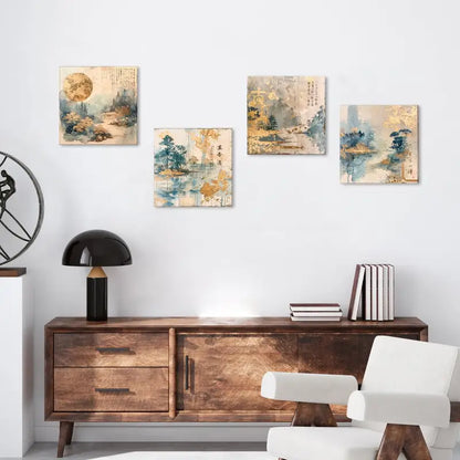 4pcs Golden Watercolor Japanese Style Wall Art Canvas Framed
