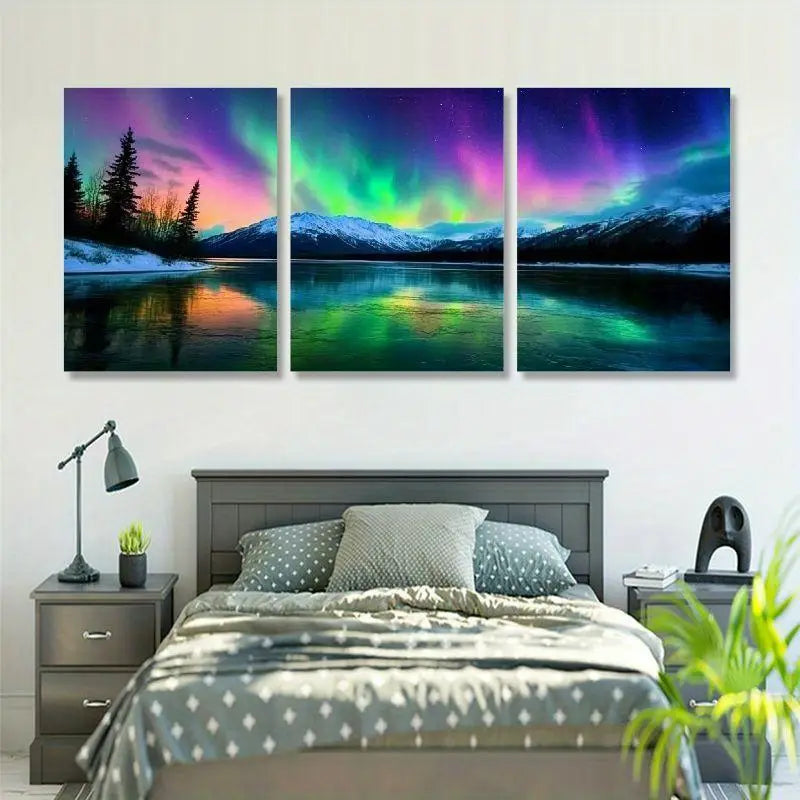 3pcs Green Purple Pink Aurora Borealis Prints Metal Print Ready to Hang Art