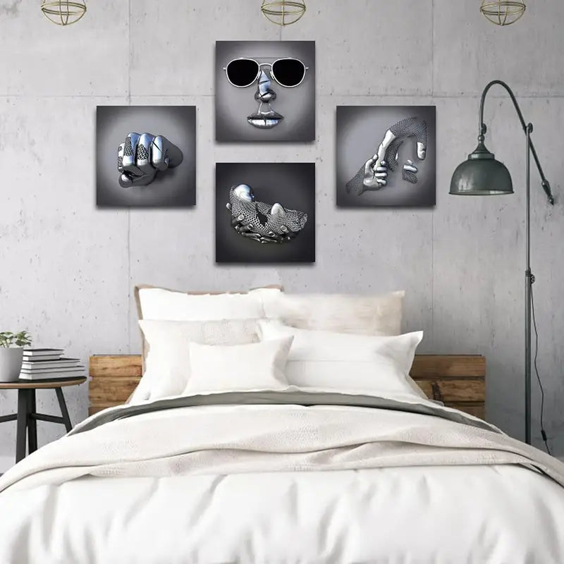 4pcs Gray with Silvery Effect, Holding Hands Wall Art Canvas Framed - Bella Home Decor