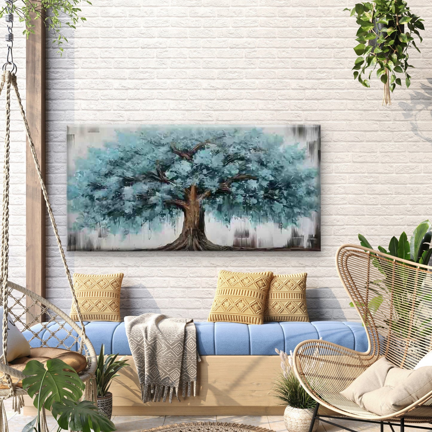 Elegant Blue Leaf Tree Painting Wall Art Canvas Office Home Room Framed 120x60cm - Bella Home Decor
