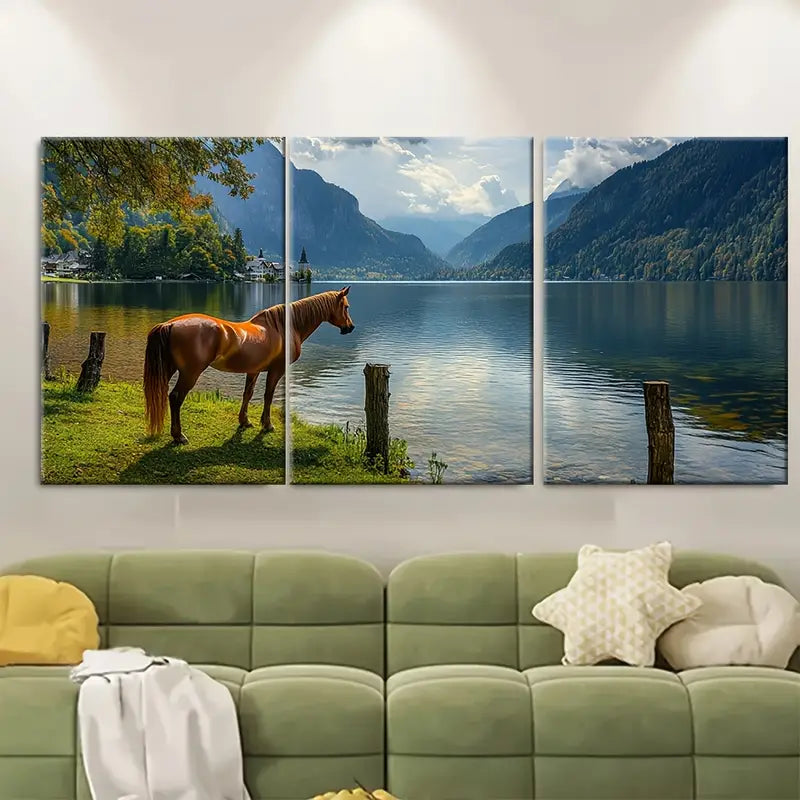 3pcs Alpine Mountain & Lake Scene With Horse Metal Print Ready to Hang Art - Bella Home Decor