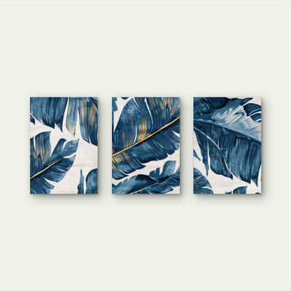 3pcs Navy Gold Tropical Banana Leaves Modern  Metal Print Ready to Hang Art