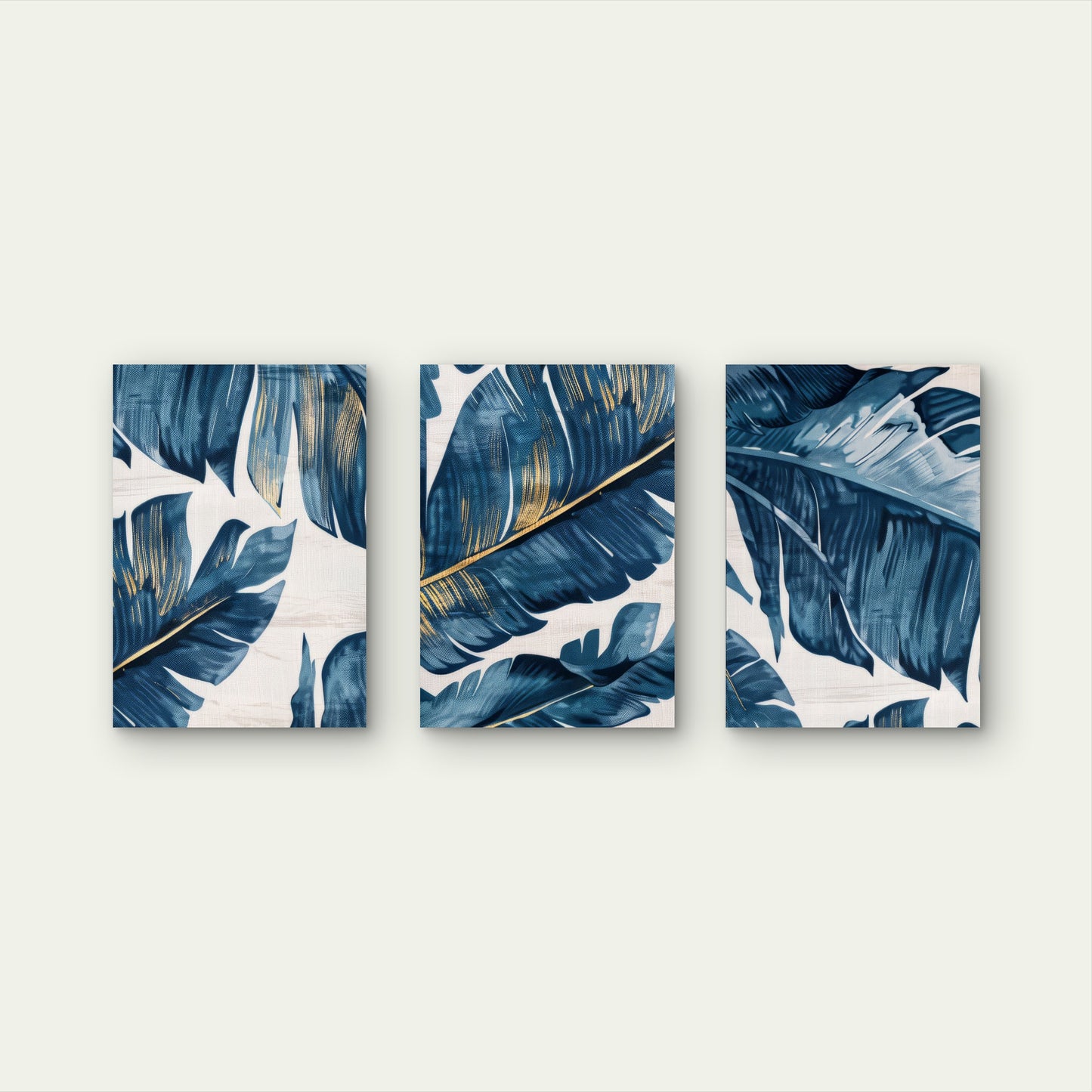 3pcs Navy Gold Tropical Banana Leaves Modern  Wall Art Set Canvas Framed 50x70cm - High Quality Print 100% Australian Made Wall Canvas Ready to Hang