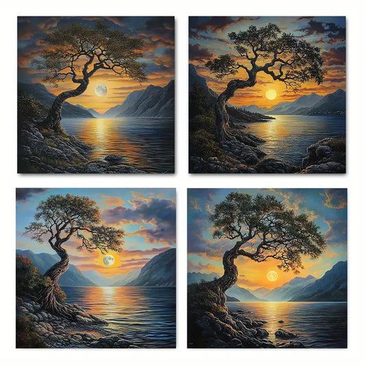 4pcs Beautiful Sunset Over Ocea Elegant JK  Wall Art Canvas Framed