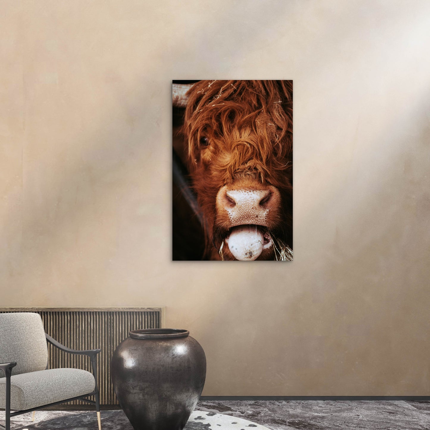Close Up Photograph Of A Scottish Highland Cow 60x90cm Metal Print Ready to Hang