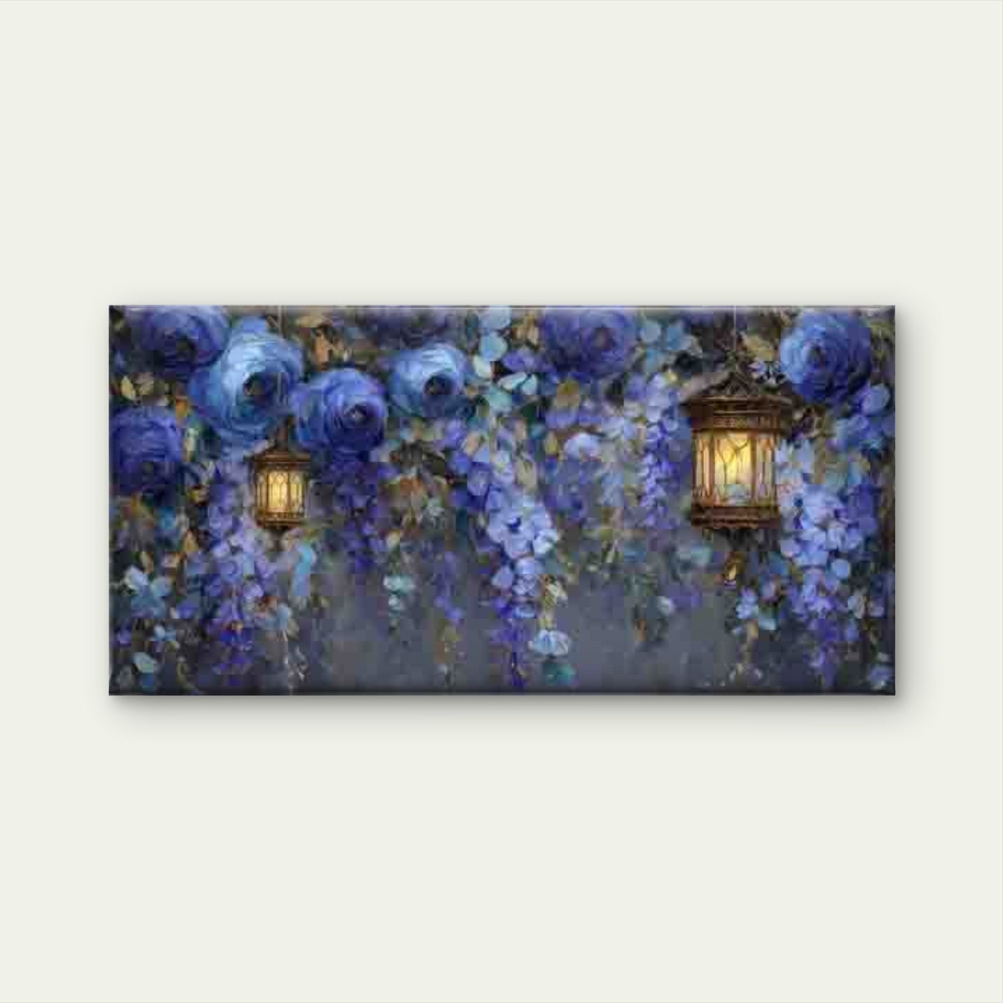 Wisteria & Blue Floral Lantern Wall Art Canvas Office Home Room Framed 120x60cm