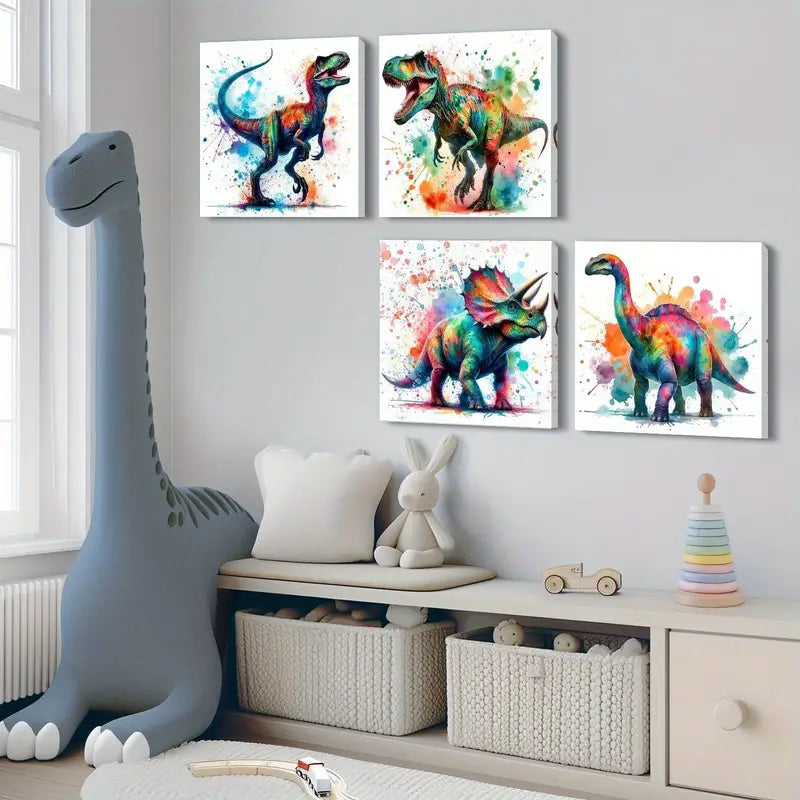 4pcs Watercolor Dinosaur Wall Art Canvas Framed
