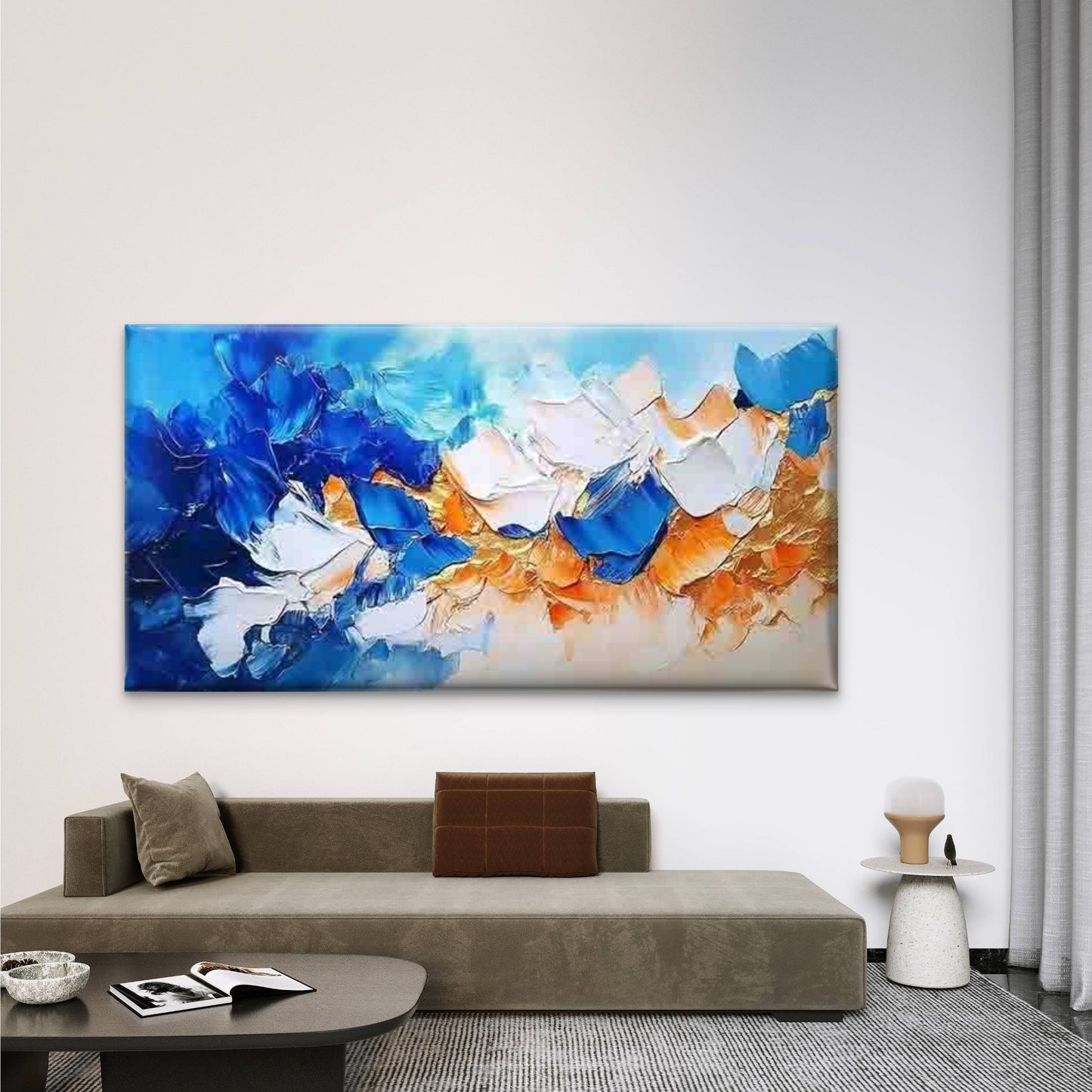 Blue & Orange Dynamic Brushstro Wall Art Canvas Office Home Room Framed 120x60cm