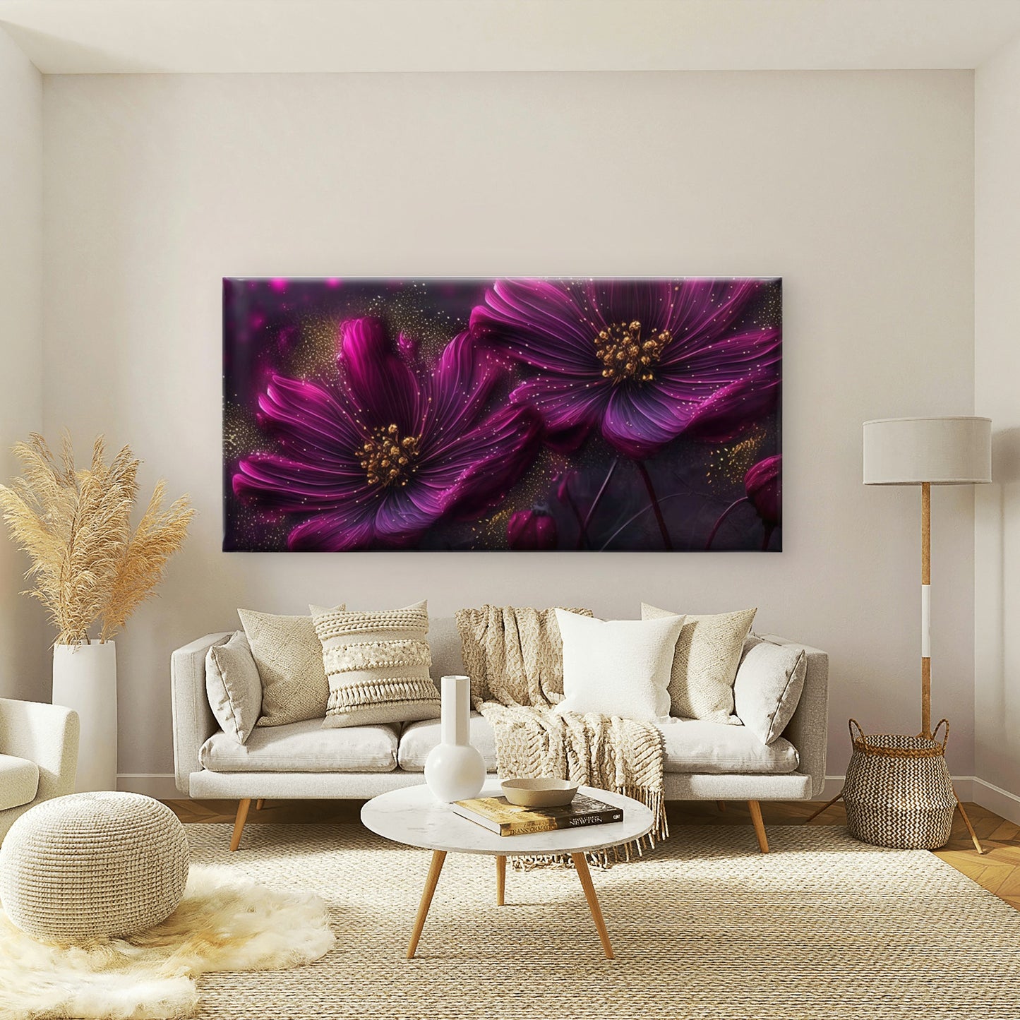 Purple & Golden Cosmos Flowers Wall Art Canvas Office Home Room Framed 120x60cm