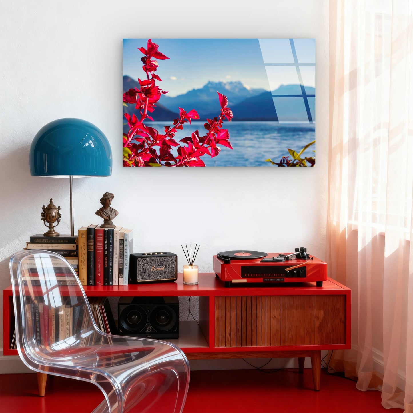 Vibrant Red Leaves Alpine Lake Glass Printing Wall Art Australian Made Quality