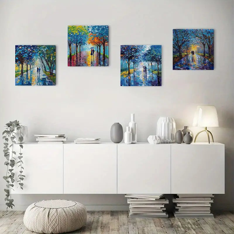 4pcs Abstract Tree Poster, Vibrant Colorful Wall Art Canvas Framed