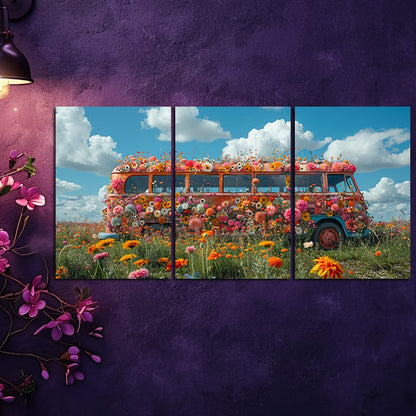 3pcs Vintage Bus Covered in Vibrant Flowers Wall Art Set Canvas Framed 50x70cm - High Quality Print 100% Australian Made Wall Canvas Ready to Hang